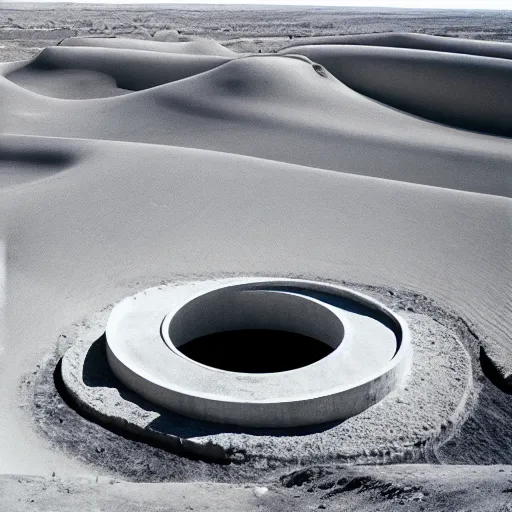 Image similar to a Non-Euclidean orb-like clay building sitting in the desert, vintage photo, beautiful cinematography, blue sky, film grain, aerial view, extreme wide shot, far away, symmetrical, in the distance, James Turrell