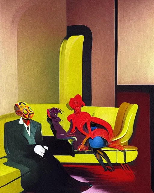 Image similar to old dead couple sitting on a couch and a dark figure crying in the corner with clouds at red and yellow art deco interior room in the style of Francis Bacon and Syd Mead, open ceiling, highly detailed, painted by Francis Bacon and Edward Hopper and Beksiński, painted by James Gilleard, surrealism, airbrush, very coherent, triadic color scheme, art by Takato Yamamoto and James Jean