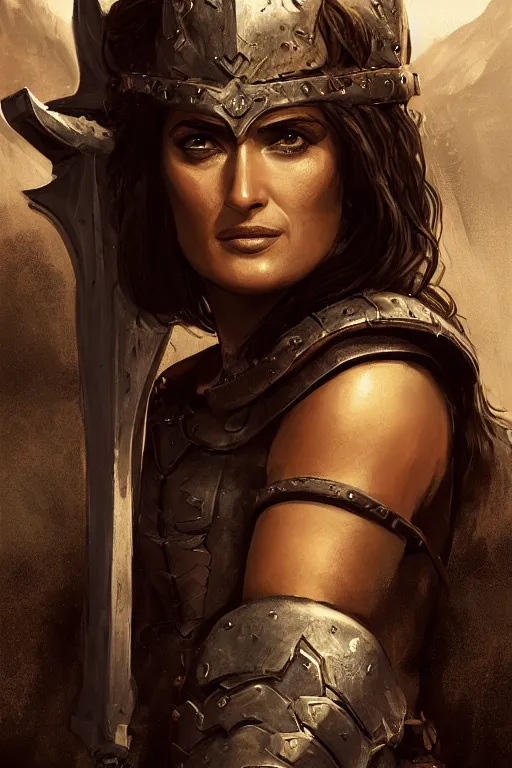 Image similar to portrait, Salma Hayek , barbarian , dressed in leather armor, face portrait, raphael lacoste, eddie mendoza, alex ross, concept art, matte painting, highly detailed, rule of thirds, dynamic lighting, cinematic, detailed, denoised, centred