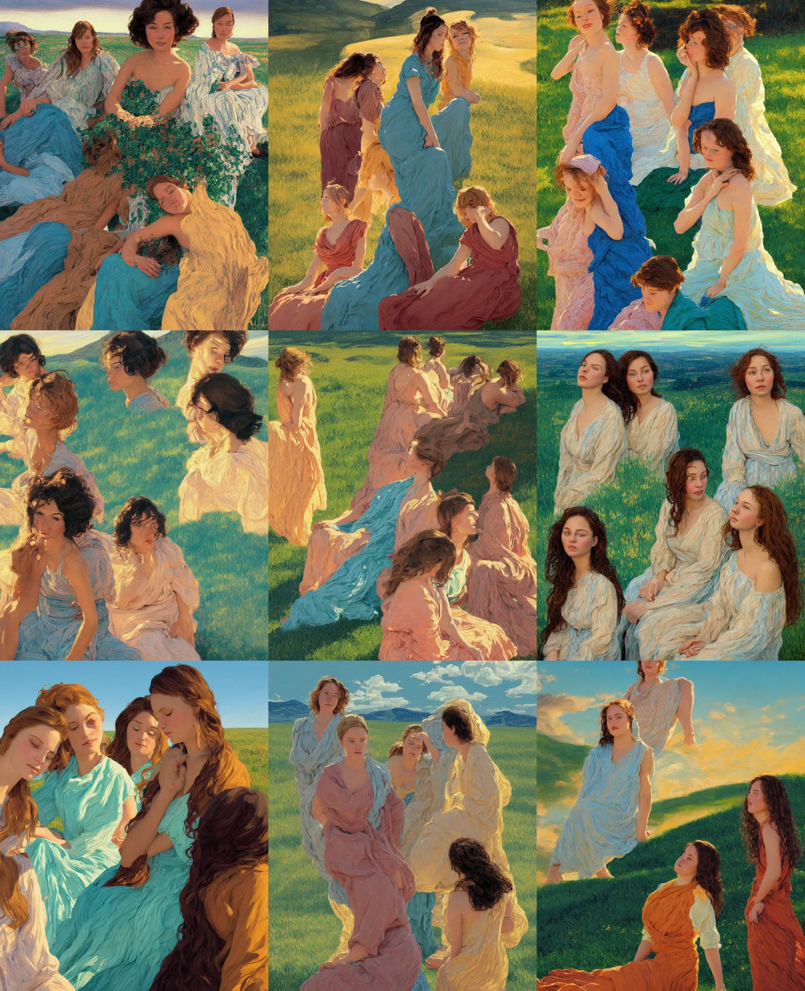 Prompt: three sitting girl in cyan and brown and white maxi dresses between clouds above green fields in sunset light, close up portrait, elegant, intricate, digital painting, artstation, concept art, golden hour, smooth, sharp focus, illustration, art by ed mell and Daniel F. Gerhartz and Jacek Malczewski and gustav klimt, Tibor Nagy