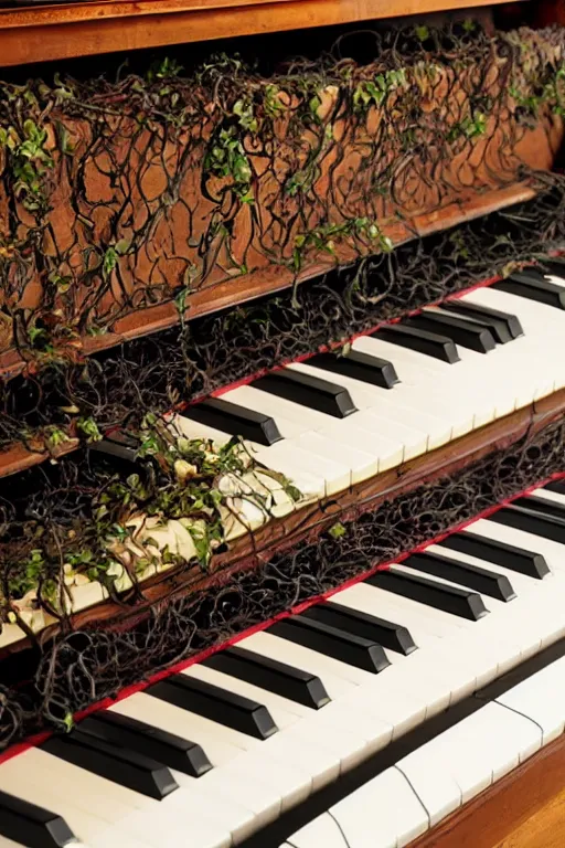 Image similar to An old piano covered in vines, in the style of wolfgang hutter