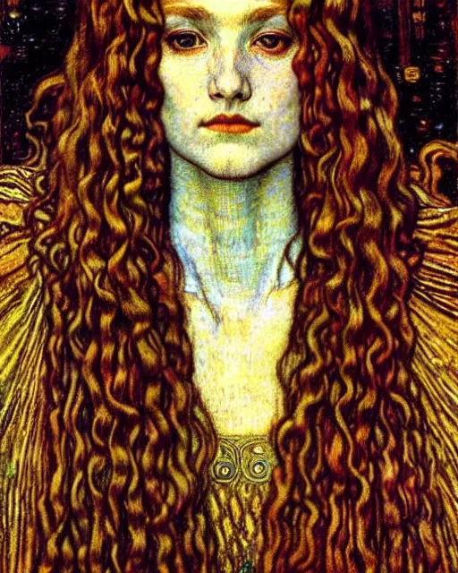 Image similar to detailed realistic beautiful young medieval queen face portrait by jean delville, gustav klimt and vincent van gogh, art nouveau, symbolist, visionary, gothic, pre - raphaelite, muted earthy colors, desaturated