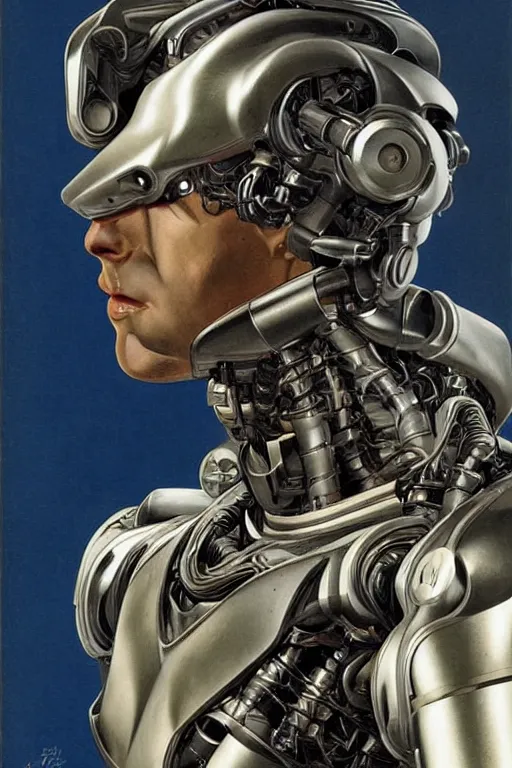 Image similar to futurist half human half robot soldier, art by leyendecker, head and shoulders portrait, cyberpunk, cybernetic implants, very intricate, award winning, extreme details