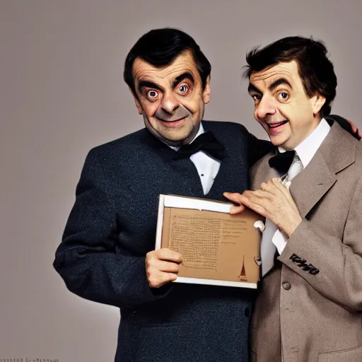 Image similar to A portrait mr bean teams up with a teenage rowan atkinson, perfect faces, 50 mm, award winning photography