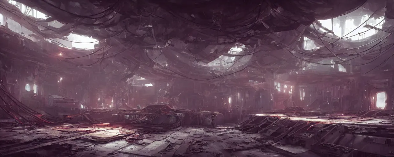 Prompt: interior of a derelict ship with lots of alien infestations and wires hanging from the ceiling, 8 k uhd, unreal engine, octane render in the artstyle of finnian macmanus, john park and greg rutkowski