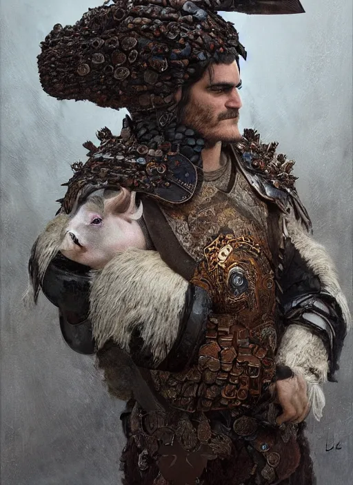 Image similar to joaquin phoenix with a armor made of animals, cow horns, pig nose, sheep wool, chicken feather armor, majestic, fierce, by anna podedworna, by miklos ligeti, by diego maricato, by taran fiddler, by antonino truisi, by chris reddie, by jinsung lim, trending on artstation