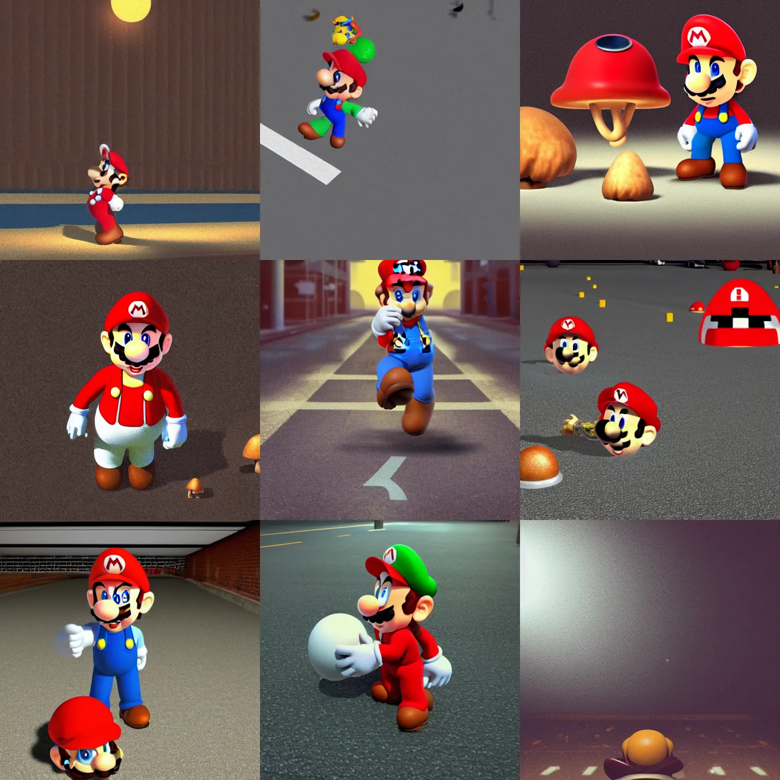 Prompt: a person dressed like !!!!!!!!!!!!!!! super mario !!!!!!!!!!! eating a very large mushroom on the floor of a dimly lit empty parking lot, photorealistic, unsettling, film grain, ray tracing, dark, night time