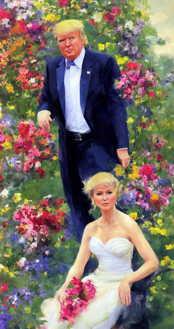 Image similar to romantic portrait of donald trump in an elegant dress surrounded by beautiful flowers, by gregory manchess, james gurney, james jean