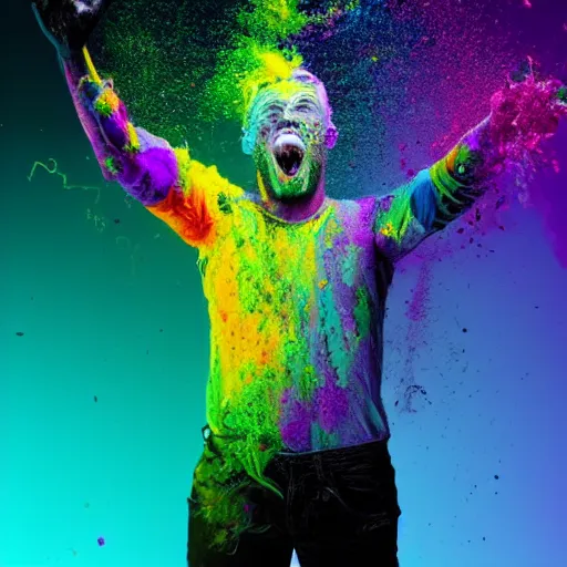 Image similar to a man covered in colored powder standing in front of a black background, digital art by alberto seveso, shutterstock contest winner, action painting, behance hd, vivid colors, zbrush