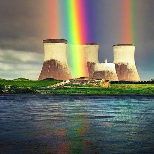 Image similar to A Masterpiece Landscape of a broken down nuclear power station, Nuclear blast imminent, nuclear reactor going critical. Rainbow Color Scheme