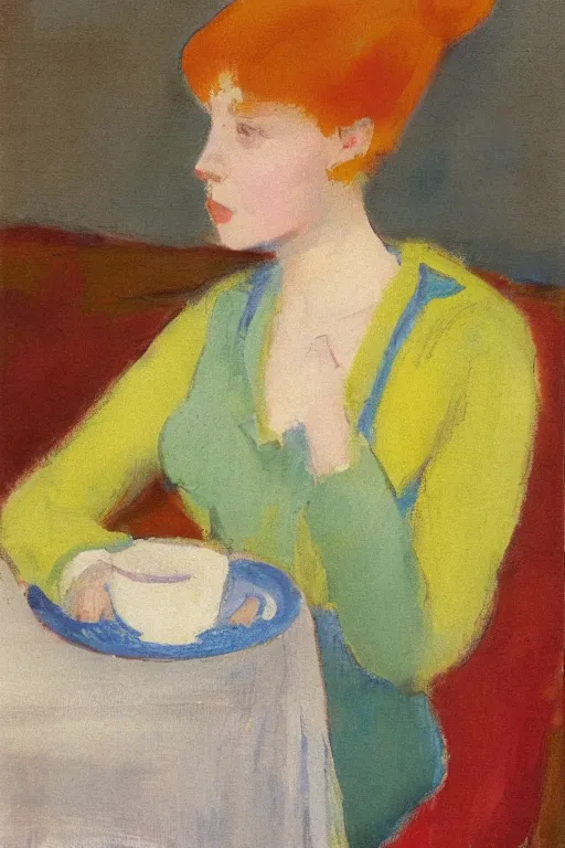 Prompt: a portrait of a young woman with red hair, wearing a yellow dress, drinking tea, by charles hawthorne