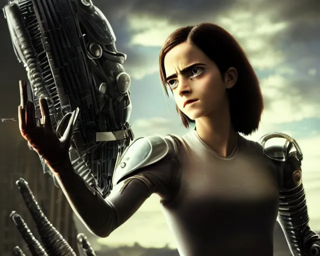 Image similar to a film still from battle angel alita played by actress emma watson, portrait, cinematic lighting, photorealistic, hyperrealistic, highly detailed, photorealistic, high resolution, 4 k