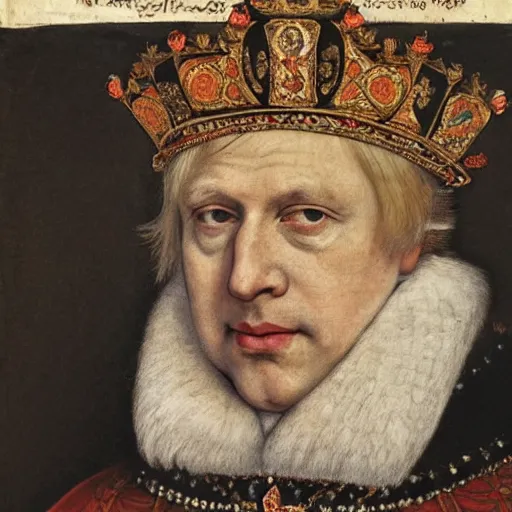 Image similar to Painting of the Ruler of the British Raj, the King Boris Johnson, painted by Hans Holbein, intricate, hyper-detailed, exhibited at the British Museum