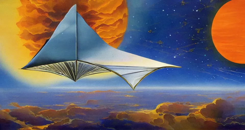 Image similar to giant solar sail, floating in space between the sun and earth, art deco painting