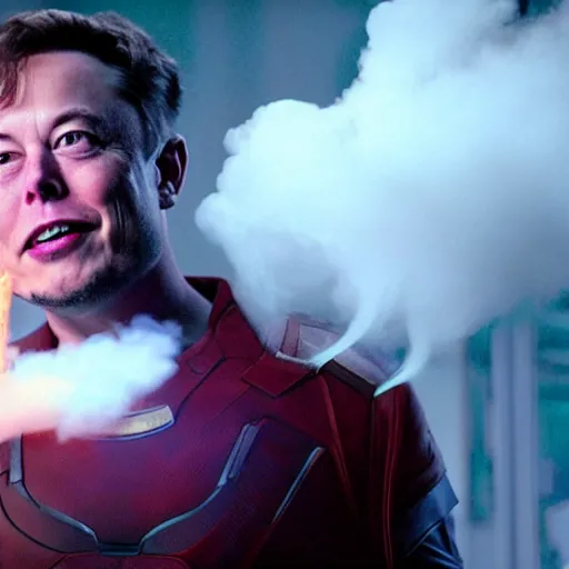 Image similar to elon musk as thanos exhaling a large smoke cloud from his bong, movie still, cinematic lighting