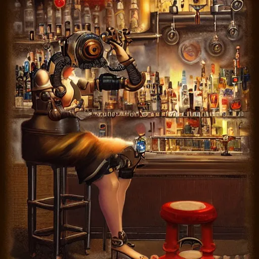 Prompt: a steampunk robot is at the bar and orders a drink from a (TY fluffy beanie baby puppy) bartender, cgsociety, old master.