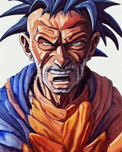 Image similar to a oil / watercolor painting full body character portrait of an old homeless saiyan mercenary in the style of moebius in the style of leonard boyarsky trending on artstation deviantart pinterest detailed photorealistic highlights and shadow hd 8 k post - processing high resolution