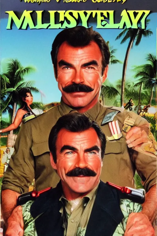Prompt: tom selleck 1 9 9 0 s vhs box art, romantic comedy, hawaii, army men, highly detailed, hd, realism
