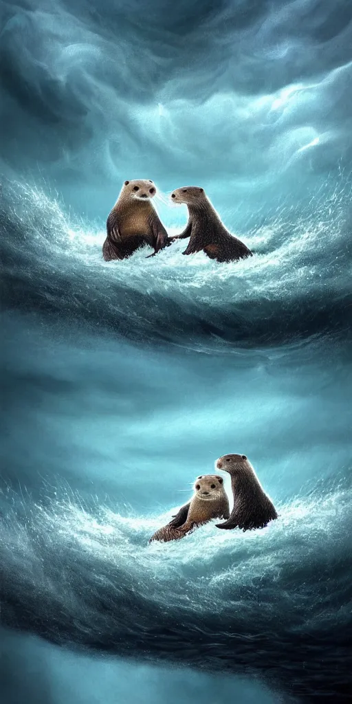 Image similar to An adorable otter saving his sleeping wife from the whirlpool, in love, holding hands side by side, in the middle of a super scary storm at sea, thunder, lightning, waves, fantasy illustration, cinematic, award winning, romantic, detailed trending on artstation, masterpiece