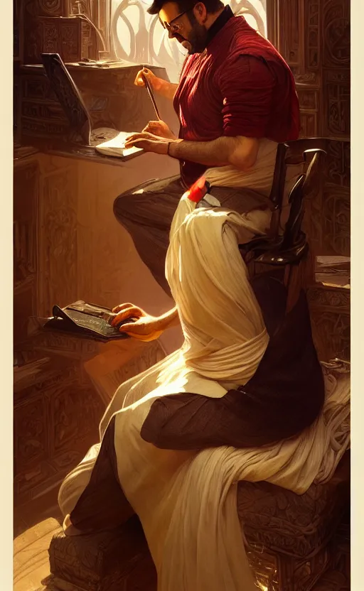 Image similar to portrait of salman rushdie writing, deep focus, d & d, fantasy, intricate, elegant, highly detailed, digital painting, artstation, concept art, matte, sharp focus, illustration, art by artgerm and greg rutkowski and alphonse mucha