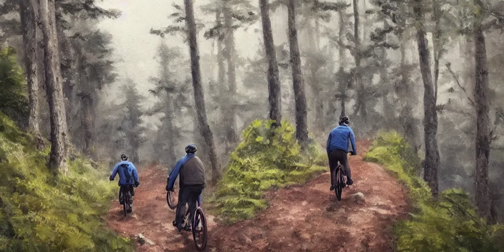 Prompt: Exactly two men biking alone up a steep forest hill. One with a deep dark blue sweater and the other with a wine red sweater. sweaty. Oil painting. Emotional. Trending on artstation. Steep. Nordic Trees. Rustic. Artistic.