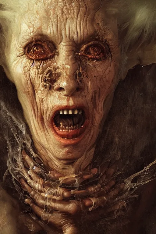 Prompt: renaissance oil painting of a vfx horror hag portrait, hyper detailed, digital art, trending in artstation, cinematic lighting, studio quality, smooth render, unreal engine 5 rendered, octane rendered, by Pieter Aertsen and ian sprigger and wlop