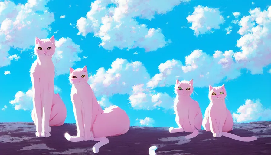 Image similar to highly detailed contemporary acrylic painting of really tall sitting cats by makoto shinkai, thick brush strokes and visible paint layers, glistening clouds in background, light blue black, white and pink vivid pastel color scheme