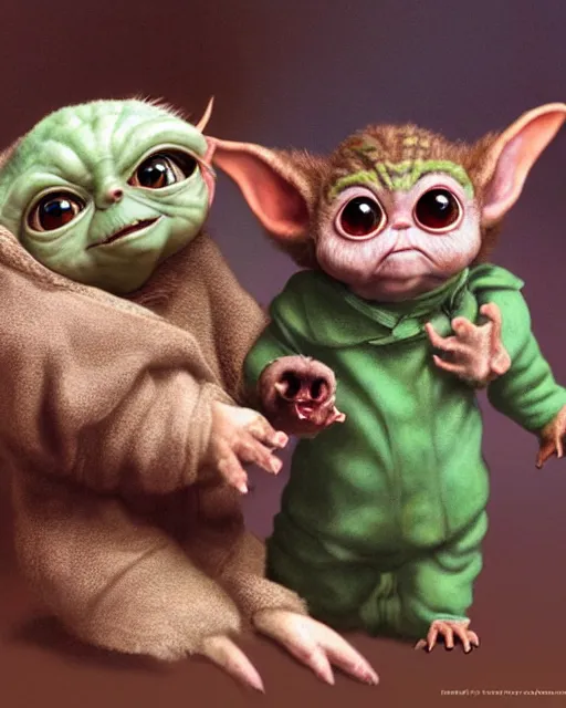 Image similar to The Mogwai Gizmo, from the movie Gremlins, holds hands with his friend baby Yoda, trending on artstation, Photorealistic