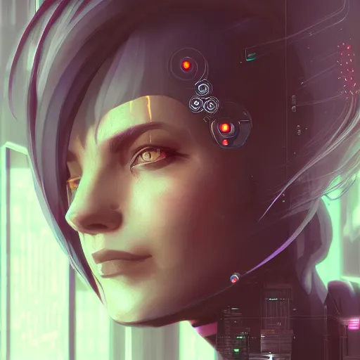 Image similar to portrait of cyberpunk woman looking out of a window, cyberpunk setting, futuristic, highly detailed, intricate lighting, digital painting, sharp focus, illustration, trending on artstation, art by ufotable.