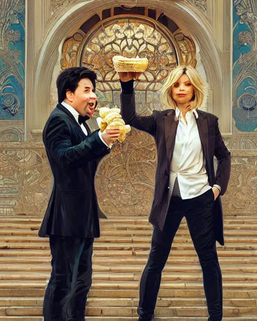 Prompt: Portrait of Michael Mcintyre & a blonde Barbara Bach from the bond film eating ice creams in Porto,real life skin, intricate, elegant, highly detailed, artstation, concept art, smooth, sharp focus, art by artgerm and greg rutkowski and alphonse mucha