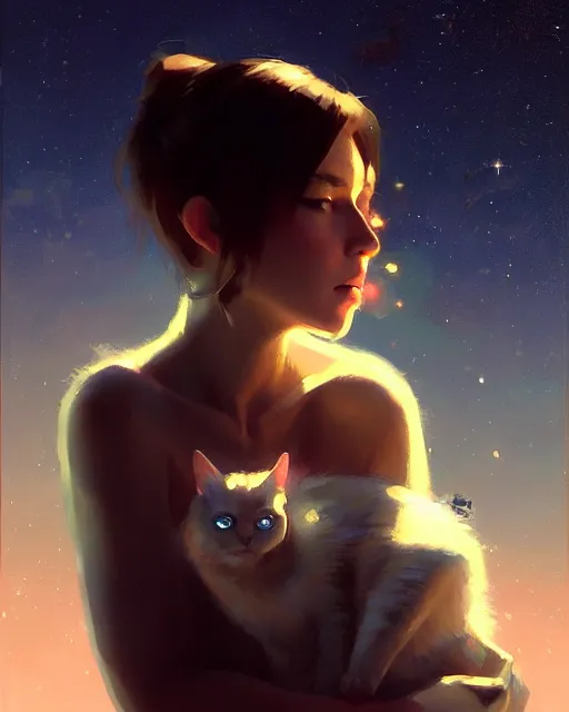 Image similar to a potrait of a space fanstasy cat, fine details. night setting. realistic shaded lighting poster by ilya kuvshinov katsuhiro, artgerm, jeremy lipkin and michael garmash, unreal engine, radiant light, detailed and intricate environment, digital art, trending on art station