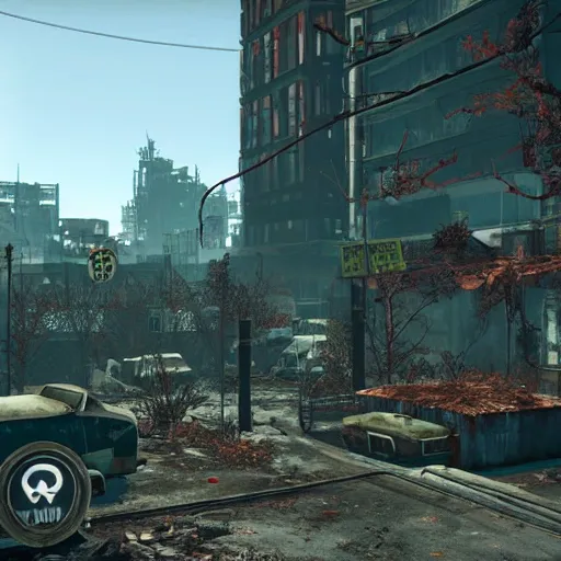 Image similar to vancouver in ruins post - nuclear war in fallout 4, in game screenshot