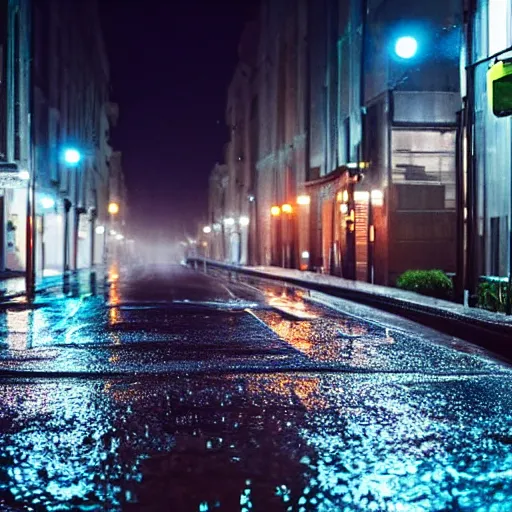 Image similar to peaceful city street at night raining, many streetlights along the road, with their light reflecting off puddles and rain covered cars