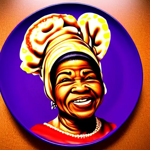 Image similar to uhd photorealistic pancake portrait of aunt jemima.