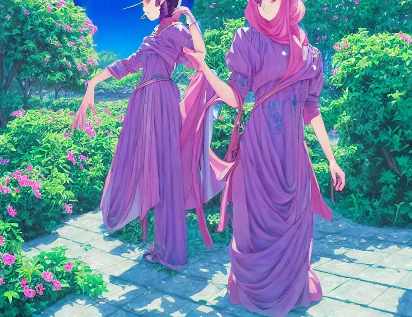 Image similar to middle eastern scifi alchemist at the rose garden, wearing a lovely dress with vaporwave details. this oil painting by the award - winning mangaka has an interesting color scheme and impeccable lighting.