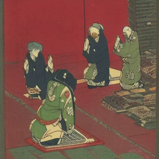 Prompt: late meiji period, colored woodblock print, muslims kneeling for prayer