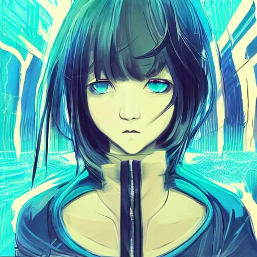 Image similar to Frequency indie album cover, luxury advertisement, blue filter, blue and black colors. Clean and detailed post-cyberpunk sci-fi close-up schoolgirl in asian city in style of cytus and deemo, blue flame, relaxing, calm and mysterious vibes, by Tsutomu Nihei, by Yoshitoshi ABe, by Ilya Kuvshinov, by Greg Tocchini, nier:automata, set in half-life 2, Matrix, GITS, Blade Runner, Neotokyo Source, Syndicate(2012), dynamic composition, beautiful with eerie vibes, very inspirational, very stylish, with gradients, surrealistic, dystopia, postapocalyptic vibes, depth of field, mist, rich cinematic atmosphere, perfect digital art, mystical journey in strange world, beautiful dramatic dark moody tones and studio lighting, shadows, bastion game, arthouse