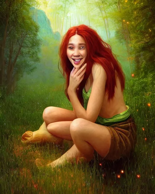 Image similar to a young woman, smiling, amazed by the lights of golden fireflies, sitting in the midst of nature fully covered, long loose red hair, intricate linework, dreamy green eyes, small nose with freckles, oval shape face, realistic, expressive emotions, dramatic lights, spiritual scene, hyper realistic ultrafine digital art by james jean and albert bierstadt and artgerm