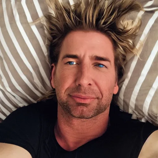 Image similar to chad kroeger snapchat selfie laying in bed with a black tanktop
