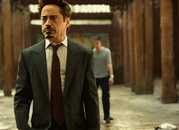 Prompt: film still of Robert Downey Jr as Cobb in an ancient chinese temple in Inception, 4k