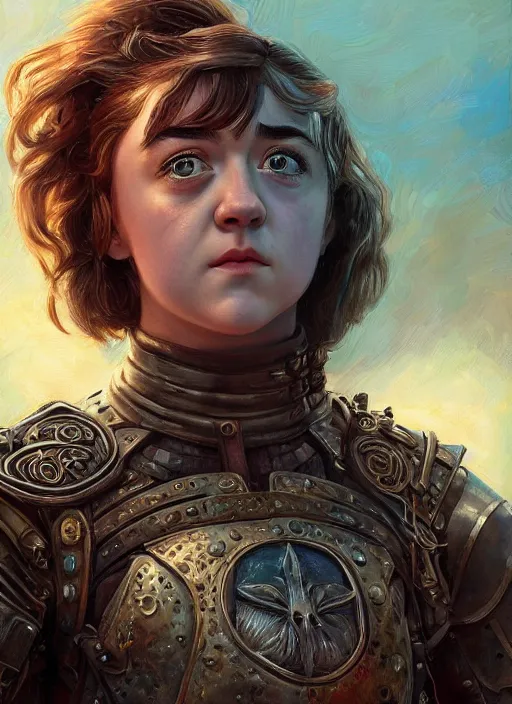 Image similar to Maisie Williams as a ruggedly muscled handsome heroine, rainbow background, intricate, elegant, highly detailed, centered, digital painting, artstation, concept art, smooth, sharp focus, illustration, artgerm, donato giancola, Joseph Christian Leyendecker, WLOP, Artgerm, thunder storm