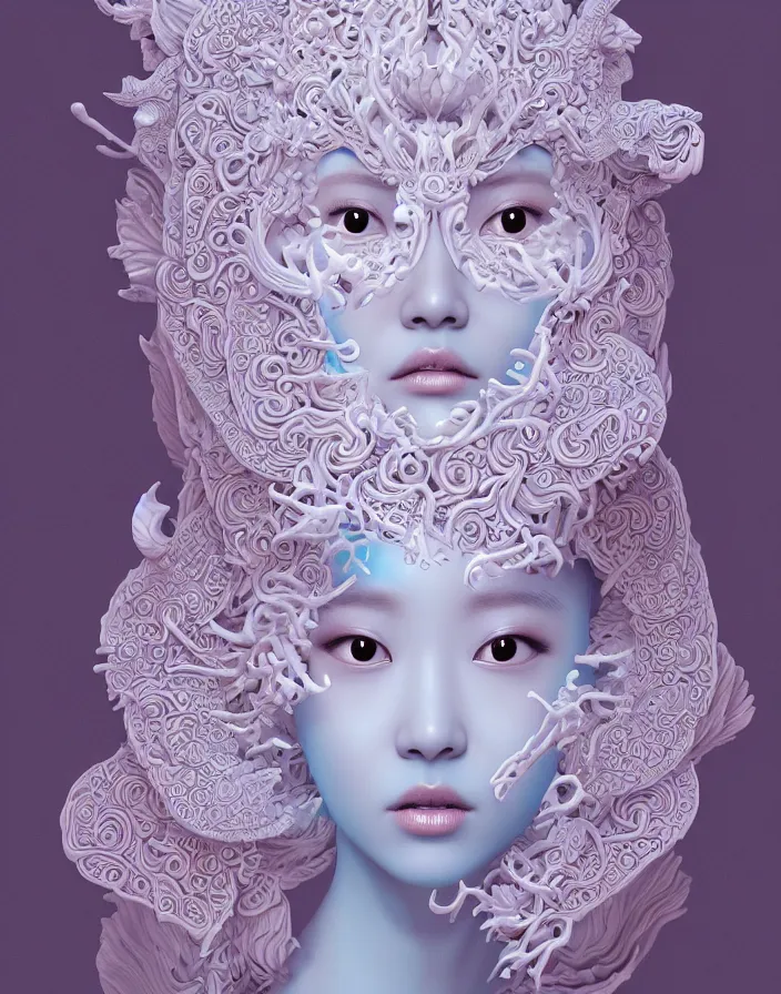 Image similar to 3 d goddess medium shot profile portrait. beautiful intricate highly detailed korean gumiho mask and traditional korean hanbok. stingray, magpie, stingray, magpie, bioluminescent, plasma, lava, ice, water, wind, creature, fog, artwork by tooth wu and wlop and beeple and greg rutkowski, 8 k trending on artstation,