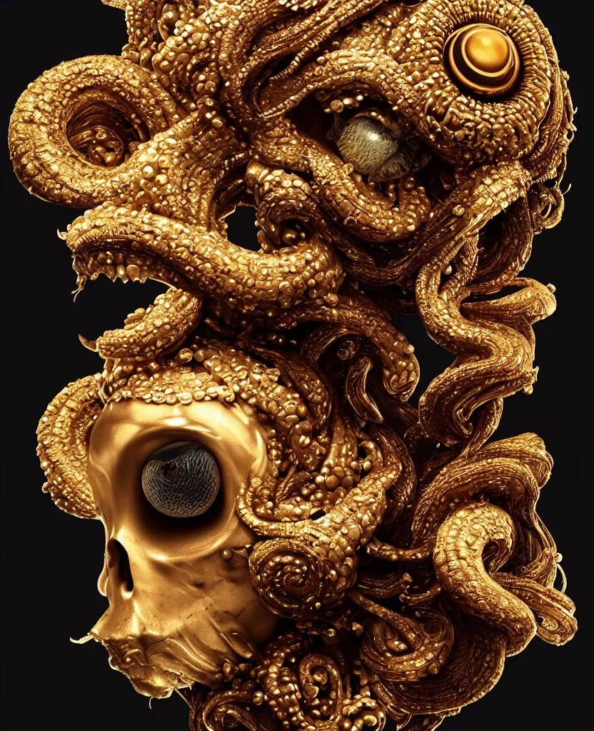 Image similar to black background. goddess princess face close-up portrait ram skull. sculpture made of gold and brilliants. jellyfish phoenix head, nautilus, orchid, skull, betta fish, bioluminiscent creatures, intricate artwork by Tooth Wu and wlop and beeple. octane render, trending on artstation, greg rutkowski very coherent symmetrical artwork. cinematic, hyper realism, high detail, octane render, 8k