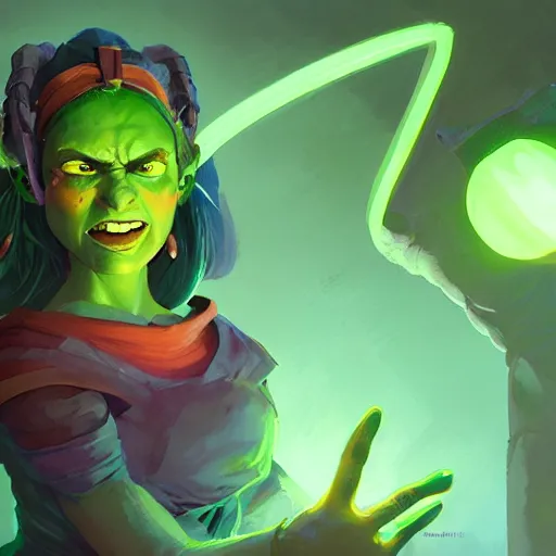 Prompt: beautiful orc woman with glowing green hair, portrait, maya ali mage, gloomhaven, dynamic lighting, gaudy colors, octane render aesthetic, matte painting concept art, official fanart behance hd artstation by jesper ejsing, by rhads and makoto shinkai and lois van baarle and ilya kuvshinov and rossdraws