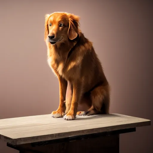 Prompt: A tolling retriever standing on a table