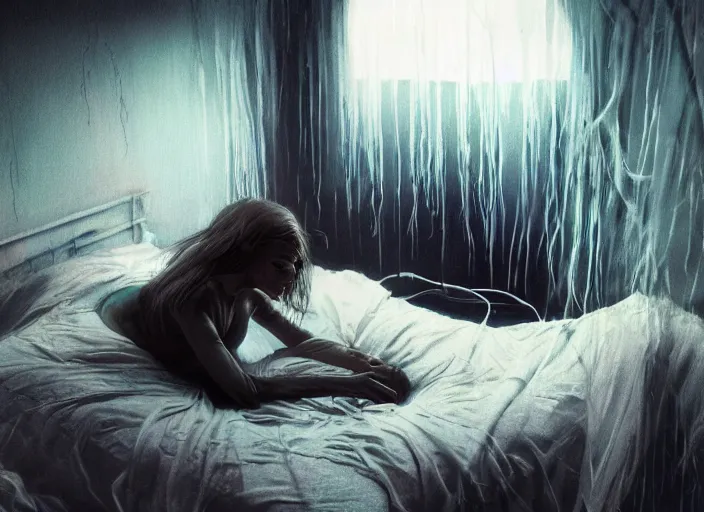 Image similar to rgb, woman, bedroom, cinematic, movie scene, inspired by zdzislaw beksinski, clothes made out of veins,, cables everywhere, bedroom, ultra realistic, concept art, intricate details, highly detailed, photorealistic, octane render, 8 k