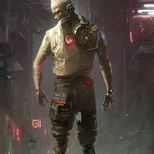 Prompt: russian old veteran in a vest with a cyber prosthesis on his leg cyberpunk art by greg rutkowski