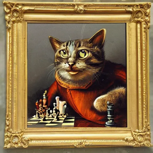 Prompt: cat playing chess looking wise, rococo oil painting, highly detailed