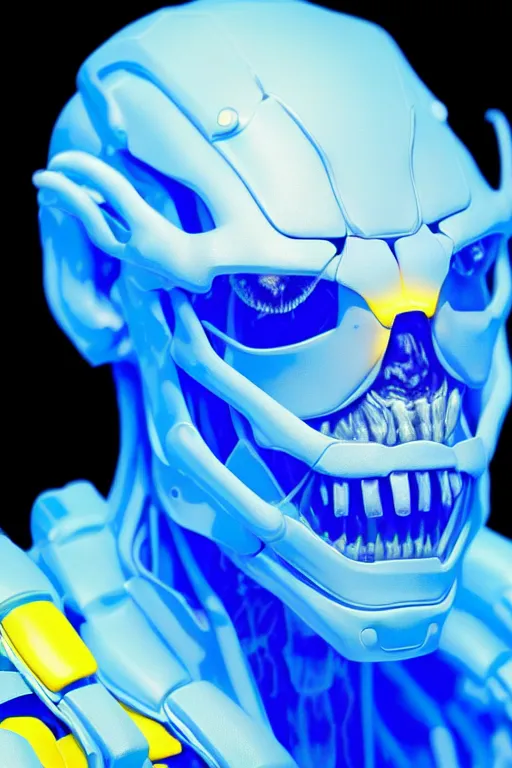 Image similar to hyperrealistic close-up blue glow exoskeleton!! chinese man covered highly detailed concept art eric zener elson peter cinematic side hard yellow light low angle hd 8k sharp shallow depth of field