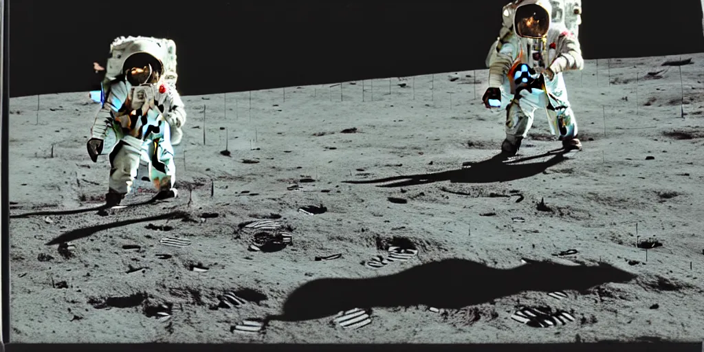 Image similar to polaroid photo of spaceman landing on the moon